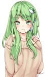  1girl alternate_costume bangs blush breasts closed_mouth collarbone frog_hair_ornament green_eyes green_hair hair_ornament hair_tubes kochiya_sanae long_hair long_sleeves looking_at_viewer maremay0513 medium_breasts off-shoulder_sweater sidelocks smile solo sweater touhou upper_body 