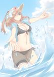  10s 1girl blush breasts brown_hair cleavage hat kantai_collection large_breasts looking_at_viewer navel one_eye_closed saratoga_(kantai_collection) smile solo splashing sun_hat tiasis wading water 