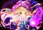  1girl american_flag_dress blonde_hair blush closed_mouth clownpiece commentary_request diamond_(shape) fire floating_hair hair_between_eyes hat heart jester_cap long_hair looking_at_viewer neck_ruff pointy_ears polka_dot red_eyes short_sleeves sky smile solo star star_(sky) star_print starry_sky striped touhou upper_body z.o.b 
