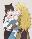  3girls ahoge black_hair blake_belladonna blonde_hair blue_eyes embarrassed group_hug hug multiple_girls nagasawa_(tthnhk) navel rwby smile weiss_schnee white_hair yang_xiao_long yellow_eyes 