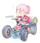  1girl :&gt; black_legwear blazer doubutsu_no_mori ground_vehicle ink_tank_(splatoon) jacket mario_kart mario_kart_8 motor_vehicle pantyhose pink_hair ponytail red_eyes simple_background skirt smile urayamashiro_(artist) vehicle villager_(doubutsu_no_mori) white_background 