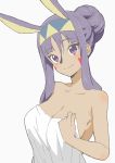  1girl absurdres animal_ears bare_shoulders breasts cleavage closed_mouth covering donguri_suzume eyebrows_visible_through_hair eyeliner facial_mark fake_animal_ears fate/grand_order fate_(series) grey_background hair_between_eyes hair_bun highres large_breasts makeup naked_towel nitocris_(fate/grand_order) nude_cover purple_hair sidelocks simple_background solo towel violet_eyes 