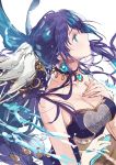  1girl aqua_eyes bangs bare_shoulders blush breasts cleavage closed_mouth collarbone fly_(marguerite) from_side hair_ornament hand_on_own_chest holding large_breasts long_hair looking_up ningyo_hime_(sinoalice) purple_hair simple_background sinoalice sketch solo upper_body white_background 