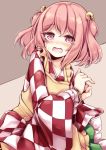  1girl apron bangs bell blush checkered_shirt clothes_writing collarbone hair_bell hair_ornament japanese_clothes jingle_bell kimono long_sleeves looking_at_viewer maremay0513 motoori_kosuzu nose_blush open_mouth pink_eyes pink_hair red_eyes shirt solo tearing_up tears touhou two_side_up wide_sleeves yellow_apron 
