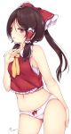  1girl alternate_hairstyle armpit_peek ascot bare_arms bare_shoulders black_hair blush bow breasts brown_eyes cowboy_shot gluteal_fold hair_bow hair_tubes hakurei_reimu highres long_hair looking_at_viewer maremay0513 navel no_pants nontraditional_miko panties parted_lips ponytail red_bow red_shirt shirt sideboob sidelocks sleeveless sleeveless_shirt small_breasts solo stomach touhou underwear white_panties 