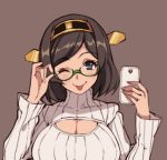  10s 1girl ;p adjusting_glasses bangs blue_eyes bob_cut breasts brown_background brown_hair cellphone cleavage glasses green-framed_eyewear hairband headgear kantai_collection kirishima_(kantai_collection) kugi_ta_hori_taira large_breasts long_sleeves looking_at_viewer meme_attire one_eye_closed open-chest_sweater phone ribbed_sweater semi-rimless_glasses short_hair simple_background smartphone smile sweater swept_bangs tongue tongue_out turtleneck turtleneck_sweater under-rim_glasses upper_body 