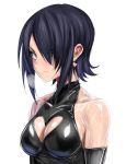  &gt;:( 10s 1girl alternate_costume bare_shoulders black_hair blush breasts breath cleavage cleavage_cutout closed_mouth hair_over_one_eye heart_cutout kantai_collection latex looking_at_viewer medium_breasts short_hair sidelocks skin_tight sleeveless sleeveless_turtleneck solo sweat tenryuu_(kantai_collection) turtleneck ulrich_(tagaragakuin) yellow_eyes 