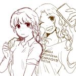  2girls ;p alisa_(girls_und_panzer) alternate_hairstyle braid cellphone earrings freckles girls_und_panzer hand_on_another&#039;s_shoulder jewelry kay_(girls_und_panzer) multiple_girls one_eye_closed phone shirt short_hair smartphone smile t-shirt tongue tongue_out translation_request 