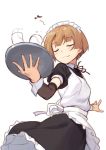  1girl :3 apron closed_eyes detached_sleeves glass kinta_(distortion) maid maid_headdress musical_note original simple_background solo tray white_background wrist_cuffs 