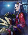  1girl :o artist_request bangs fan floral_print flower hair_ornament idolmaster idolmaster_million_live! idolmaster_million_live!_theater_days japanese_clothes kimono long_hair moon night night_sky official_art open_mouth profile shijou_takane silver_hair sitting sky solo violet_eyes wavy_hair 