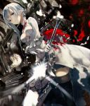  1girl asymmetrical_hair bangs black_legwear blue_eyes butterfly closed_mouth cruelkosshi dress dutch_angle glint gloves grey_hair hair_between_eyes highres holding holding_sword holding_weapon looking_at_viewer petals red_flower short_hair_with_long_locks sidelocks silver_hair sinoalice snow_white_(sinoalice) solo standing sword thigh-highs weapon white_dress white_gloves 