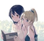  2girls ayase_eli blue_eyes blue_hair book brown_eyes camisole closed_mouth collarbone eyebrows_visible_through_hair from_side huanxiang_heitu light_brown_hair light_smile long_hair love_live! love_live!_school_idol_project multiple_girls open_mouth ponytail reading sonoda_umi upper_body watermark web_address 
