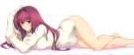  1girl bare_legs barefoot blush breasts closed_mouth dakimakura fate/grand_order fate_(series) hair_between_eyes hair_intakes hand_on_own_head harukon_(halcon) highres hips large_breasts long_hair lying no_pants on_side purple_hair red_eyes ribbed_sweater scathach_(fate/grand_order) simple_background sleeves_past_wrists smile solo sweater turtleneck turtleneck_sweater white_background wide_hips 