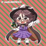  1girl black_cloak black_footwear black_headwear blush bow brown_eyes brown_hair cloak diagonal_stripes full_body glasses gloves hair_between_eyes hat hat_bow highres long_sleeves low_twintails open_mouth plaid plaid_skirt plaid_vest pleated_skirt purple_skirt purple_vest red-framed_eyewear rokugou_daisuke shirt shoes short_hair skirt smile solo striped striped_background thigh-highs touhou twintails usami_sumireko vest white_bow white_gloves white_shirt white_thighhighs 