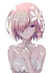  1girl bandeau bangs bare_shoulders besmiled breasts closed_mouth collarbone dappled_sunlight eyebrows_visible_through_hair fate/grand_order fate_(series) flower hair_flower hair_ornament hair_over_one_eye hand_on_own_chest looking_at_viewer medium_breasts pink_hair shielder_(fate/grand_order) short_hair simple_background smile solo sunlight upper_body violet_eyes white_background white_flower 