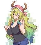  1girl baseball_cap blonde_hair blue_hair breasts closed_mouth cowboy_shot gradient_hair green_hair hand_on_own_chest hat heart heterochromia horns impossible_clothes impossible_shirt kobayashi-san_chi_no_maidragon kugi_ta_hori_taira large_breasts long_hair looking_away multicolored_hair quetzalcoatl_(maidragon) shirt short_shorts shorts sidelocks smile solo tank_top very_long_hair 