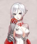  1girl apple bangs breasts cleavage eyebrows_visible_through_hair food fruit gloves grey_eyes grey_gloves grey_hair holding holding_food holding_fruit long_hair looking_at_viewer medium_breasts open_mouth seungju_lee sidelocks silver_hair sinoalice snow_white_(sinoalice) solo teeth upper_body 