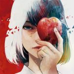  1girl apple black_hair blue_eyes closed_mouth commentary_request covered_eye fingernails food fruit hands holding holding_fruit lips multicolored_hair original portrait red_lips short_hair solo two-tone_hair wataboku white_hair 