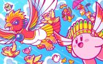  beanie bird birdon_(kirby) blue_sky blush_stickers bow bowtie bronto_burt chick chicken clouds copy_ability dyna_blade dyna_chick flying hang_gliding hat headphones kirby kirby_(series) looking_at_another microphone nintendo official_art open_mouth pilot_helmet sky smile starman_(kirby) tookey twizzy waddle_dee 
