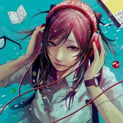  1girl closed_mouth collared_shirt commentary_request freckles from_above hands_on_own_head headphones long_hair looking_at_viewer pink_hair shirt solo village_vangard wataboku watch watch white_shirt wing_collar 