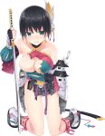  1girl armor artist_request black_hair breast_lift breasts earrings full_body green_eyes hair_ornament jewelry katana kneeling large_breasts looking_at_viewer oshiro_project oshiro_project_re sakado_(oshiro_project) sheath short_hair spread_legs sword transparent_background unsheathed weapon 