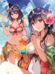  10s 2girls bikini black_hair breasts clouds collarbone covered_navel drink drinking_straw flower food fusou_(kantai_collection) hair_flower hair_ornament kantai_collection long_hair looking_at_viewer medium_breasts multiple_girls ocean one-piece_swimsuit outdoors parted_lips popsicle red_eyes rioka_(southern_blue_sky) sarong short_hair sitting sky smile standing swimsuit white_bikini yamashiro_(kantai_collection) 