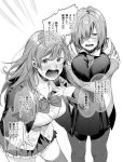  2girls bangs between_breasts blush breasts cosplay covering covering_breasts dress fate/grand_order fate_(series) glasses greyscale hair_over_one_eye hood hood_down hooded_jacket jacket kamiyama_aya large_breasts long_hair long_sleeves looking_at_viewer monochrome multiple_girls necktie necktie_between_breasts open_clothes open_jacket open_mouth original pantyhose pleated_skirt shielder_(fate/grand_order) shielder_(fate/grand_order)_(cosplay) shirt short_hair simple_background skirt standing thigh-highs translation_request white_background zettai_ryouiki 