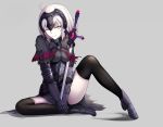  1girl ahoge armor bangs besmiled black_legwear boots breasts capelet closed_mouth eyebrows_visible_through_hair fate/grand_order fate_(series) gauntlets grey_hair grin headpiece highres jeanne_alter knee_up looking_at_viewer medium_breasts parted_lips ruler_(fate/apocrypha) shadow short_hair sitting smile solo sword thigh-highs thighs weapon yellow_eyes 