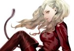  1girl blonde_hair blue_eyes boots breasts cat_tail costume from_side hair_ornament hairclip kiyohara_hiro latex long_hair looking_at_viewer persona persona_5 side_glance smile solo solo_focus tail takamaki_anne twintails zipper 