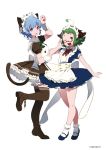  2girls adjusting_glasses ahoge animal_ears apron artist_name bare_legs blue_dress blue_eyes blue_hair boots bow bowtie brown_boots brown_dress brown_legwear cat_ears cat_tail dress fake_animal_ears frilled_apron frilled_dress frilled_skirt frills glasses green_eyes green_hair heterochromia kasodani_kyouko long_ribbon maid maid_headdress mary_janes multiple_girls namauni open_mouth paw_pose puffy_short_sleeves puffy_sleeves red_bow red_eyes ribbon semi-rimless_glasses shoes short_hair short_hair_with_long_locks short_sleeves short_socks simple_background skirt tail tatara_kogasa thigh-highs tongue tongue_out touhou white_background 
