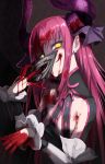  1girl artist_request blood blood_in_mouth bloody_hands breasts fate_(series) glowing glowing_eyes horns long_hair looking_at_viewer mask small_breasts solo 