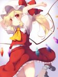  1girl arms_up ascot bangs blonde_hair closed_mouth commentary_request crystal eyebrows_visible_through_hair eyes_visible_through_hair flandre_scarlet frilled_legwear frilled_shirt_collar frilled_skirt frills gengetsu_chihiro hat hat_ribbon jumping mob_cap puffy_short_sleeves puffy_sleeves red_eyes red_ribbon red_skirt red_vest ribbon shirt shirt_tucked_in short_sleeves side_ponytail simple_background skirt smile solo touhou vest white_hat white_legwear white_shirt wings 