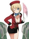  1girl a1 alternate_costume belt_buckle black_belt blonde_hair blouse blue_eyes blush braid breasts buckle cleavage collarbone darjeeling epaulettes french_braid girls_und_panzer gloves hand_on_hip hat holding_flag jacket leaning_forward long_sleeves medium_breasts one_eye_closed open_blouse open_clothes open_jacket pencil_skirt red_hat red_jacket seat simple_background skirt smile solo translation_request white_background white_gloves 