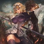  1boy 1girl absurdres belt braid breasts brown_hair chains cowboy_shot cowter fate/apocrypha fate_(series) fire gauntlets gorget highres large_breasts long_hair parted_lips plackart plaster_(2501) puffy_sleeves red_eyes ruler_(fate/apocrypha) sheath sheathed sieg_(fate/apocrypha) single_braid standard_bearer standing sword thigh-highs very_long_hair violet_eyes weapon zettai_ryouiki 