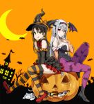  2girls ;d animal_print asanagi bare_shoulders bat_print bat_wings bird black_hair breasts bridal_gauntlets cleavage cosplay failure_penguin halloween hat head_wings highres jack-o&#039;-lantern kantai_collection large_breasts leotard long_hair miss_cloud morrigan_aensland morrigan_aensland_(cosplay) multiple_girls one_eye_closed open_mouth pantyhose penguin print_legwear shoukaku_(kantai_collection) silver_hair sitting smile thigh-highs twintails vampire_(game) white_hair wings witch_hat zuikaku_(kantai_collection) 