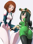  2girls ass asui_tsuyu back belt black_eyes blush_stickers bodysuit boku_no_hero_academia boots breasts brown_eyes choker frog_girl from_behind full_body goggles goggles_on_head green_hair knee_boots long_hair long_tongue looking_at_viewer looking_back medium_breasts multiple_girls oshiza short_hair sideboob sitting skin_tight skindentation smile tongue tongue_out uraraka_ochako utility_belt white_background 