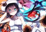  1girl arm_up bangs black_hair blue_eyes bubble closed_mouth collarbone dress flower gesture hat highres hiiragi_fuyuki holding_dress koi long_hair looking_at_viewer original smile solo sun_hat sundress sunflower white_hat 