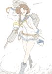  10s 1girl ankle_boots arm_up backpack bag belt binoculars bob_cut boots brown_hair canteen compass eyelashes high_heel_boots high_heels holding_binoculars kantai_collection legs legs_crossed looking_to_the_side map ocean on_water open_mouth school_uniform serafuku short_hair shoulder_bag simple_background solo speaking_tube_headset thighs torpedo_tubes turret twitter_username walking walking_on_liquid wallking water watson_cross waves white_background yukikaze_(kantai_collection) 