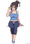  1girl adjusting_glasses arm_up bandaid_on_arm black-framed_eyewear bracelet breasts brown_eyes brown_hair casual cleavage collarbone crop_top full_body glasses hair_bun hair_ornament hair_stick jewelry kugi_ta_hori_taira large_breasts mei_(overwatch) midriff navel overwatch pants parted_lips short_hair simple_background sitting slippers solo sweatpants tank_top white_background 