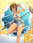  &gt;:d 1girl :d agawa_ryou artist_name bandeau breasts broom brown_eyes brown_hair cleavage face_mask hair_between_eyes headband holding looking_at_viewer mask open_mouth overalls short_hair slippers smile solo sponge standing standing_on_one_leg tan tile_background water watermark web_address 