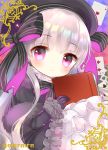  1girl bangs beret black_gloves blush book card closed_mouth eyebrows_visible_through_hair fate/extra fate_(series) frills gloves hat holding holding_book long_hair long_sleeves looking_at_viewer marshmallow_mille nursery_rhyme_(fate/extra) playing_card silver_hair smile solo tareme twitter_username violet_eyes 