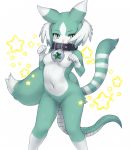 1girl animal_ears collar feathers fur_trim furry green_eyes kemono_friends kumama navel pure_beast_(kemono_friends) simple_background snake_tail solo star tail white_background 