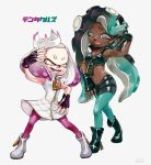 +_+ 2girls :d aqua_eyes aqua_hair bare_shoulders boots crop_top crown dark_skin domino_mask dress fangs fingerless_gloves full_body gloves highres long_hair looking_at_viewer marina_(splatoon) mask mole mole_under_mouth multicolored_hair multiple_girls navel navel_piercing octarian open_mouth pantyhose partially_unzipped pearl_(splatoon) piercing pink_hair pink_pupils pose purple_hair short_eyebrows short_hair shorts simple_background sleeveless sleeveless_dress smile splatoon splatoon_2 symbol-shaped_pupils teeth tentacle_hair text two-tone_hair white_background white_hair zipper zipper_pull_tab