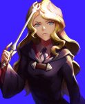  1girl blonde_hair blue_background blue_eyes diana_cavendish eyebrows_visible_through_hair holding holding_wand little_witch_academia long_hair looking_at_viewer mool_yuegang solo upper_body wand 