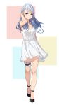  1girl adjusting_hair arm_at_side armpit_peek bangs bare_arms black_shoes blue_eyes blue_hair blush breasts cleavage collarbone dress full_body hair_ornament hand_up heterochromia highres long_hair looking_at_viewer medium_breasts moon_(ornament) mr.tight no_socks original red_eyes shoes smile solo standing sundress thigh_strap white_dress 