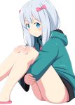  1girl absurdres barefoot blue_eyes blush bottomless eromanga_sensei frown hair_ribbon highres hood hooded_jacket izumi_sagiri jacket long_hair long_sleeves looking_at_viewer naze no_panties ribbon sitting slippers white_background white_hair 