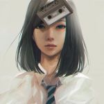  1girl abstract black_eyes black_hair cassette_tape chromatic_aberration collared_shirt highres lips long_hair looking_at_viewer necktie nose original parted_lips realistic shirt solo surreal teeth upper_body wataboku white_shirt wing_collar 