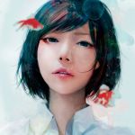  1girl air_bubble asian bangs black_eyes black_hair collared_shirt commentary_request fish goldfish highres lips looking_at_viewer nose original parted_lips portrait realistic revision shirt short_hair solo swept_bangs teeth wataboku white_shirt wing_collar 