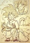  1boy age_difference black_eyes black_hair clouds dougi dragon_ball dragonball_z dual_persona eyebrows_visible_through_hair fish grass happy looking_at_another male_focus monochrome mountain nyoibo radar simple_background smile son_gokuu tail tkgsize tongue tongue_out window wristband 