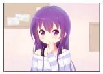  1girl alternate_hairstyle bare_shoulders blush deyui eyebrows_visible_through_hair gochuumon_wa_usagi_desu_ka? long_hair long_sleeves looking_at_viewer parted_lips purple_hair solo tedeza_rize upper_body violet_eyes 